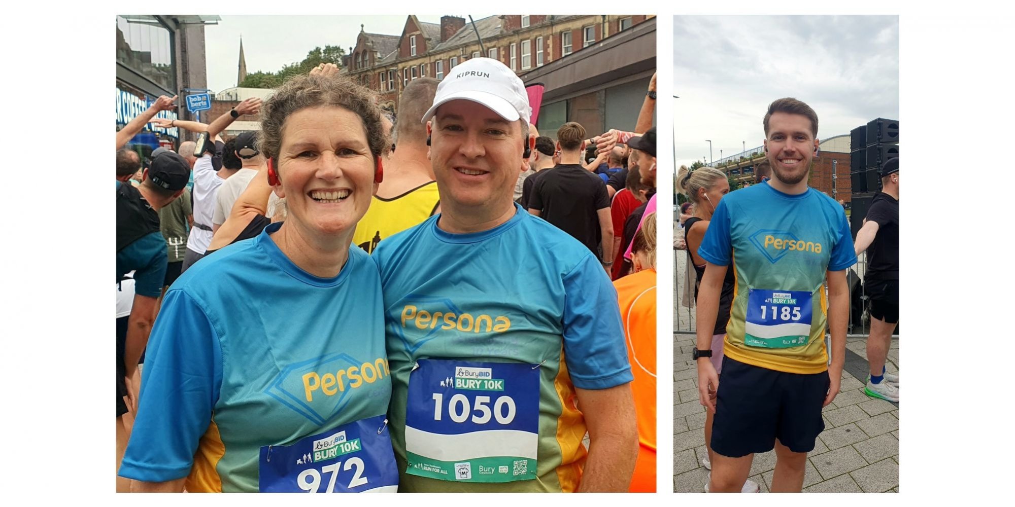 two photos: a man and a woman with their arms round each other and a man smiling to camera, all wearing matching blue tshirts