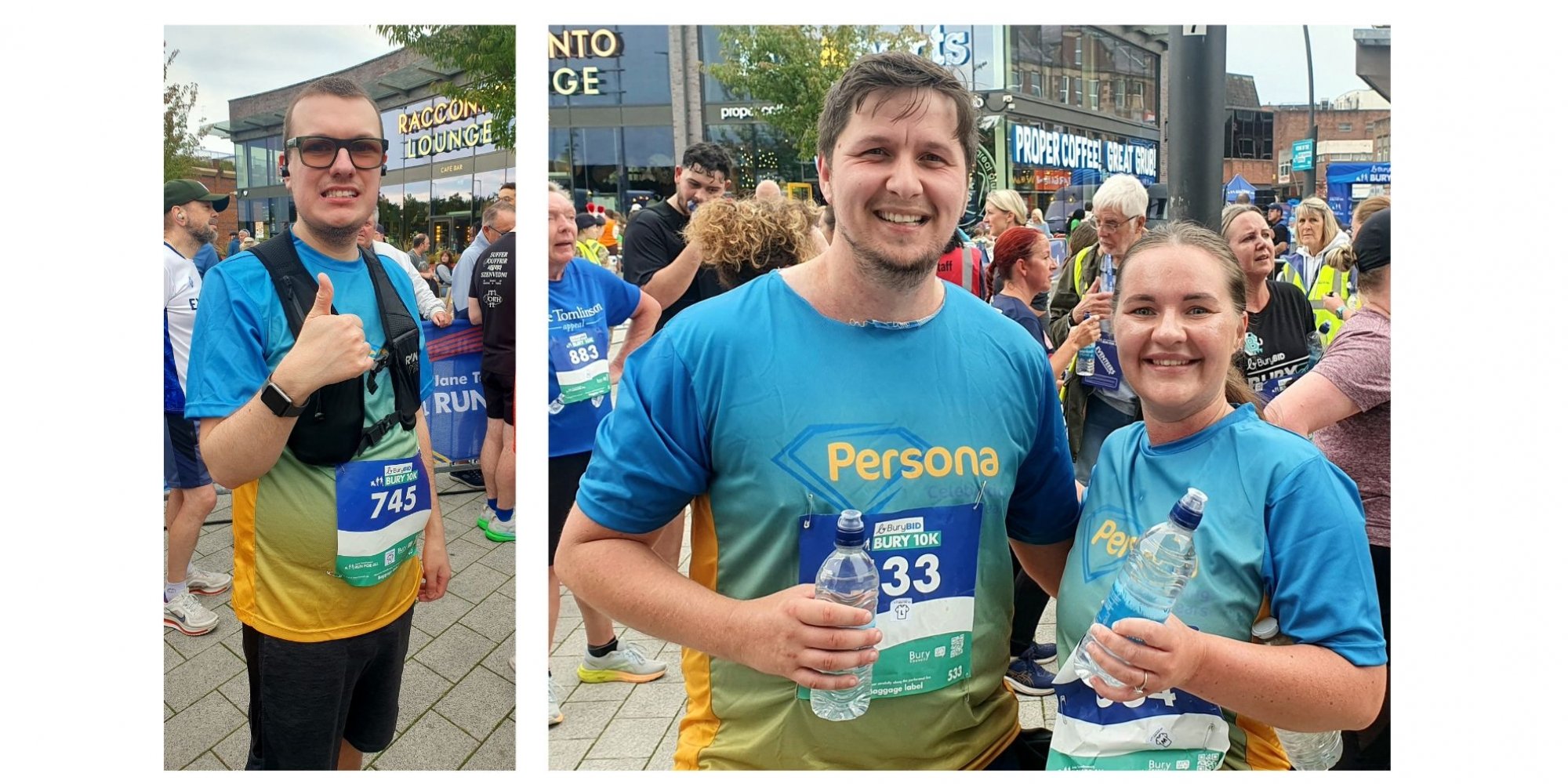two photos: a man and a woman with their arms round each other and a man smiling to camera, all wearing matching blue tshirts