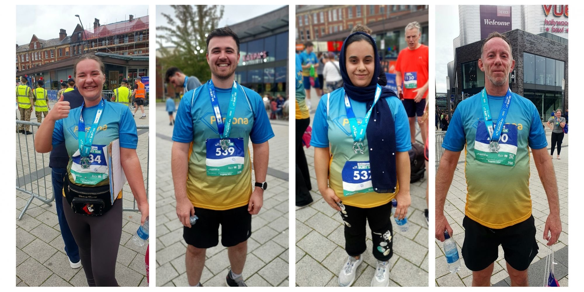 individual photos of 2 men and 2 women smiling to camera wearing matching blue tshirts and wearing 10k medals
