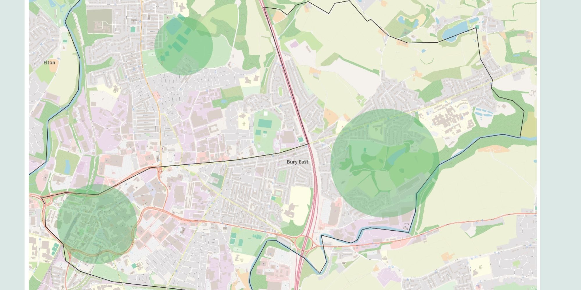 A map of Bury East highlighting Bury Town Centre, Clarence Park and the Lido, and Broad Oak fields