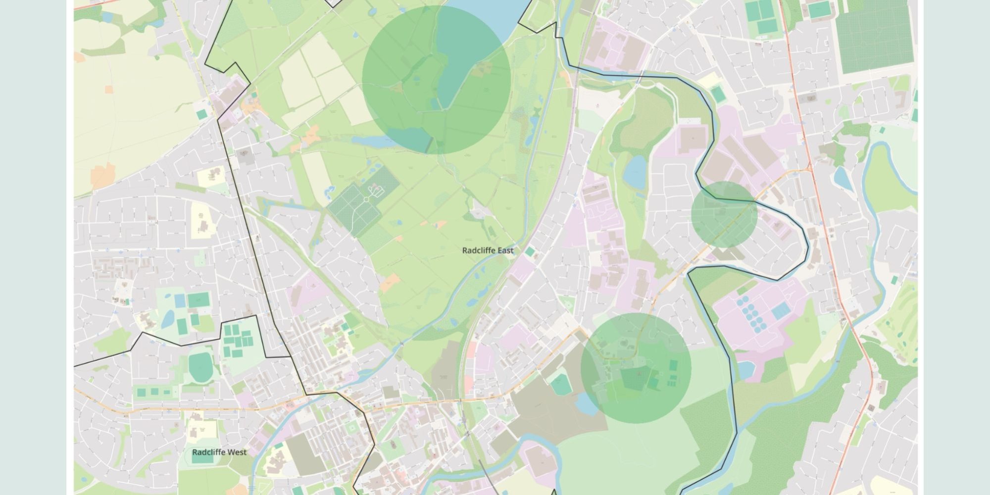 A map of Radcliffe East highlighting Elton Reservoir, Close Park and Dumers Lane