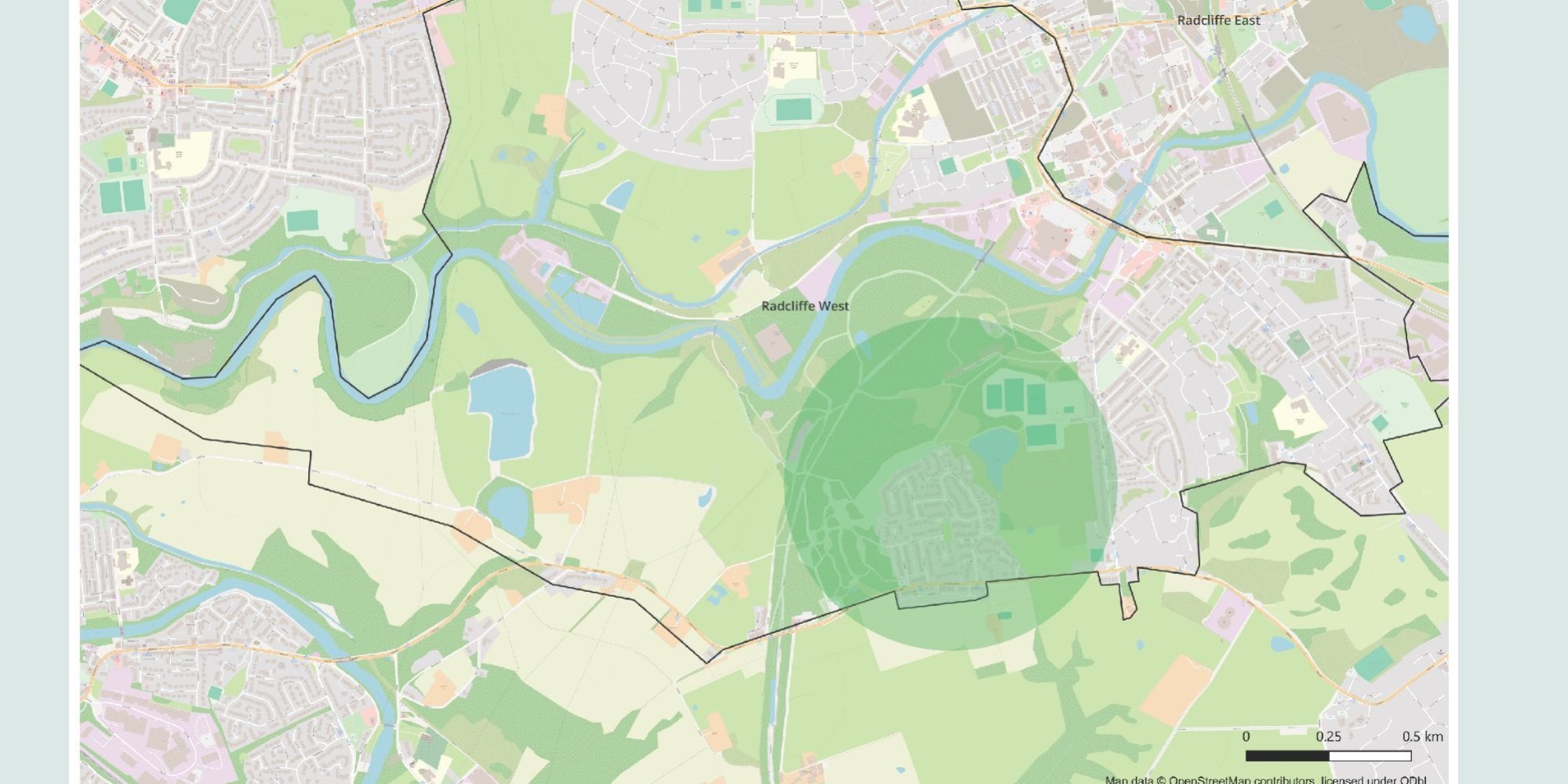 A map of Radcliffe West highlighting Outwood Country Park