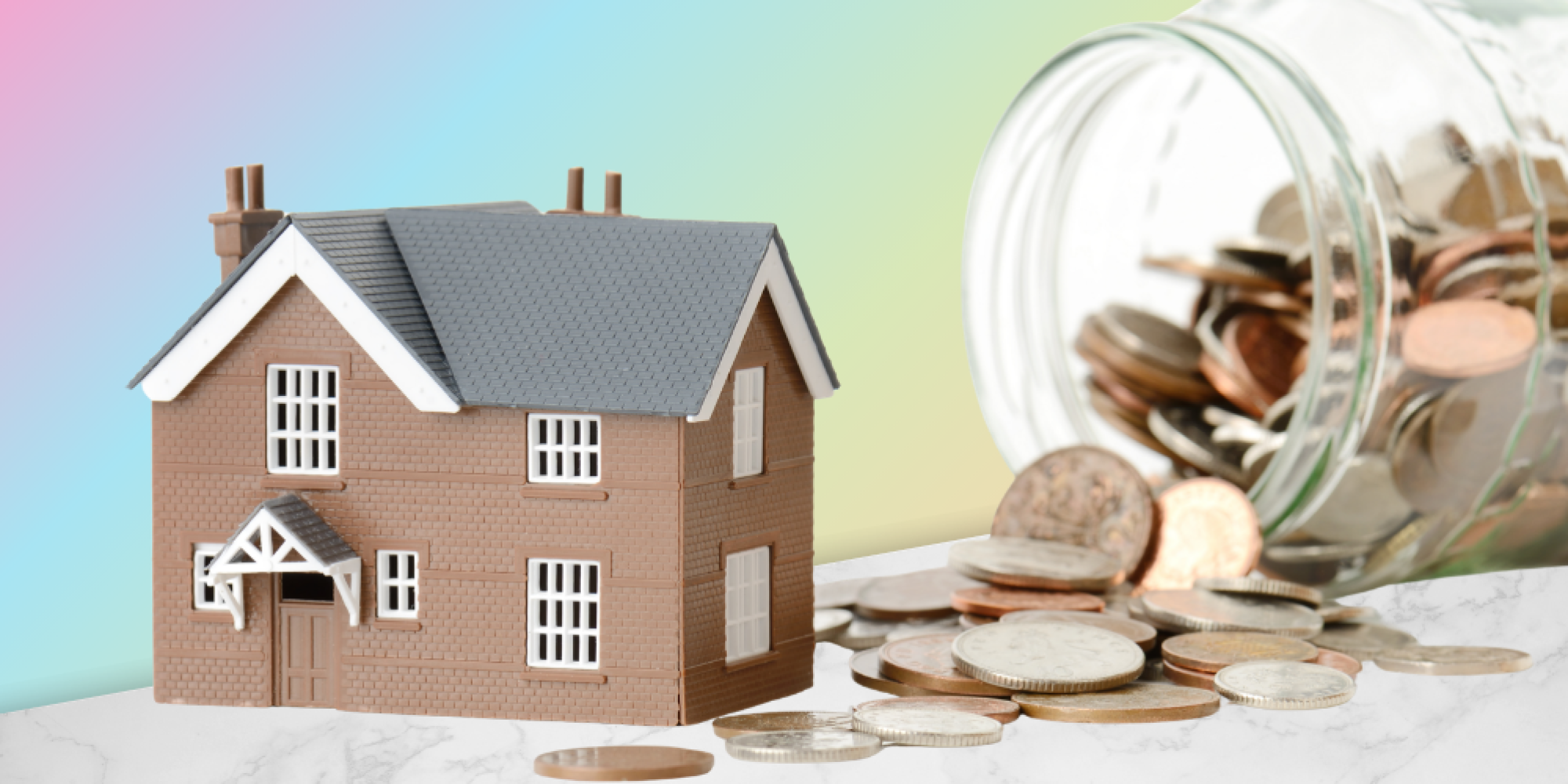 multicolour background with an image of a house and knocked over jar of coins