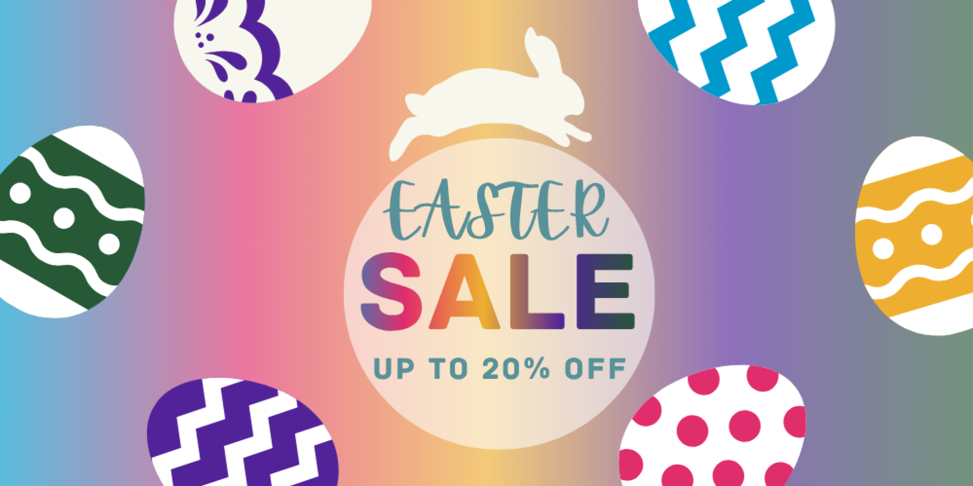 gradient of blue, pink, gold, purple & green & Easter eggs. White rabbit leaps over text: Easter sale - save up to 20%