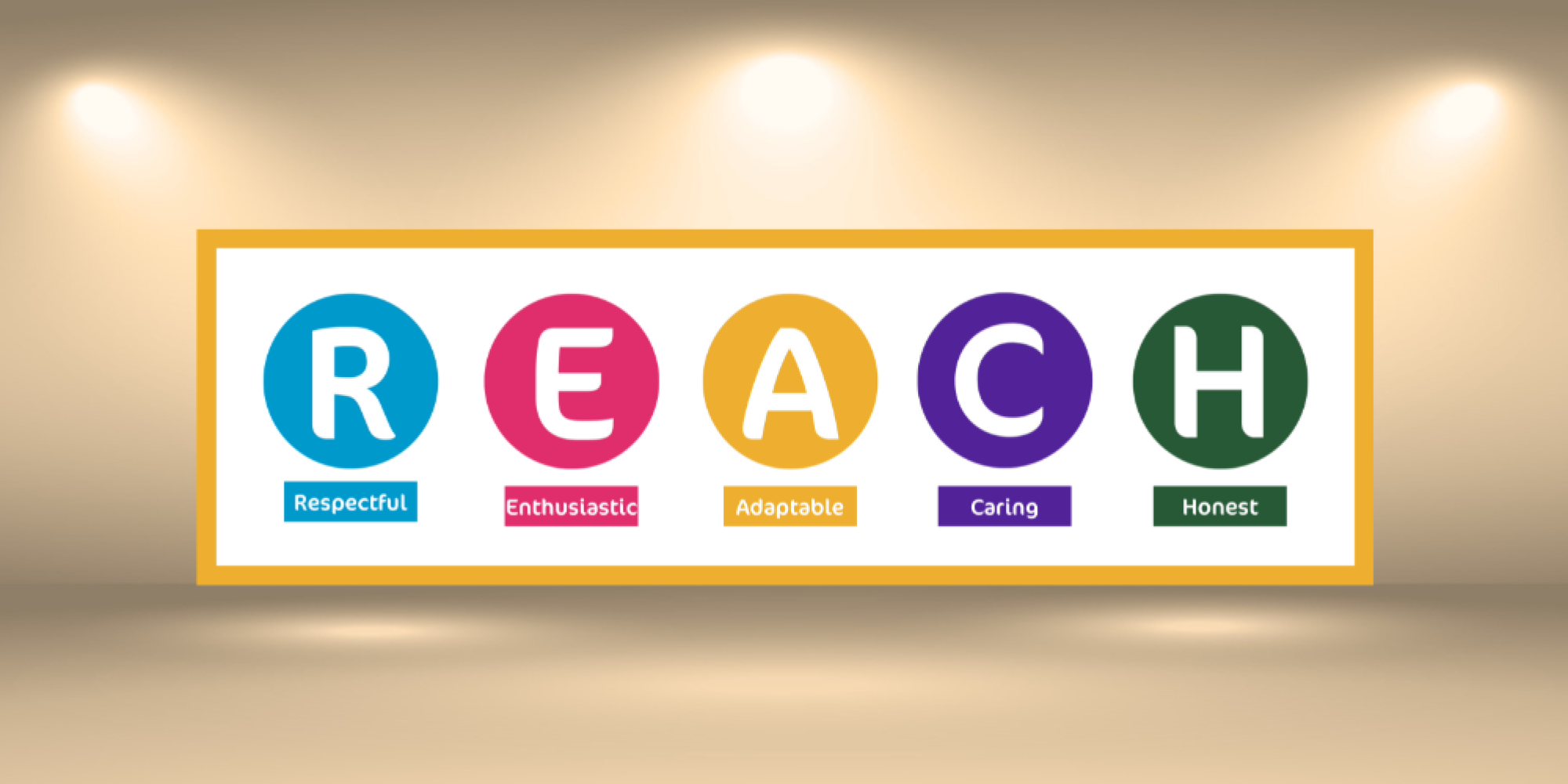 A golden background with our values logo including: Respectful, Enthusiastic, Adaptable, Caring and Honest