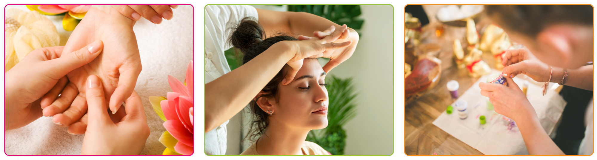 Three pictures: hand massage, head massage and a crafting activity