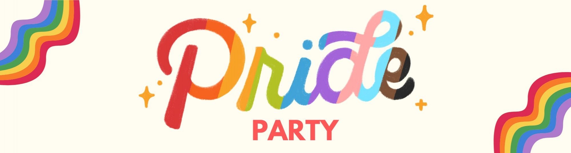 Banner. Pride in rainbow colours; the word party is under it. There are curvy rainbows at top left and bottom right corners.
