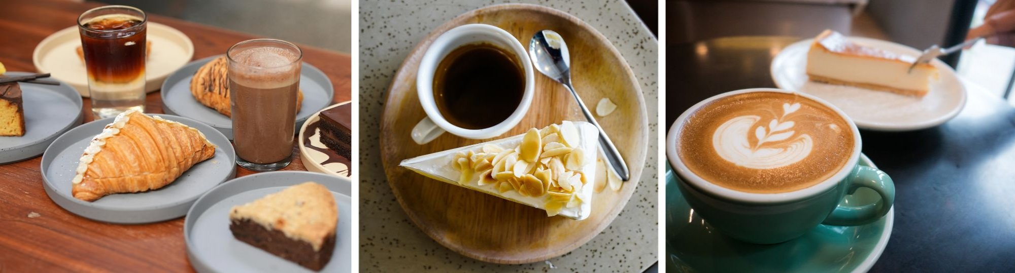 Three images of mugs of coffee, hot chocolate and different types of cake