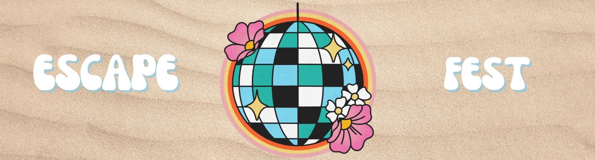 Banner. Sandy background with a blue, green, black and white glitterball with pink and white flowers hanging from it.