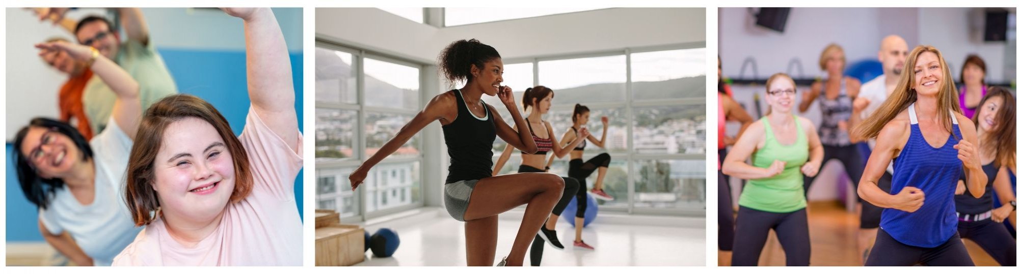 Banner: three photos of women exercising together and smiling to camera.