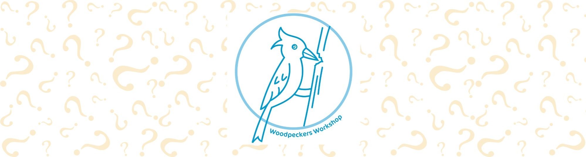 A background with lots of question marks and the Woodpeckers Workshop logo in the middle
