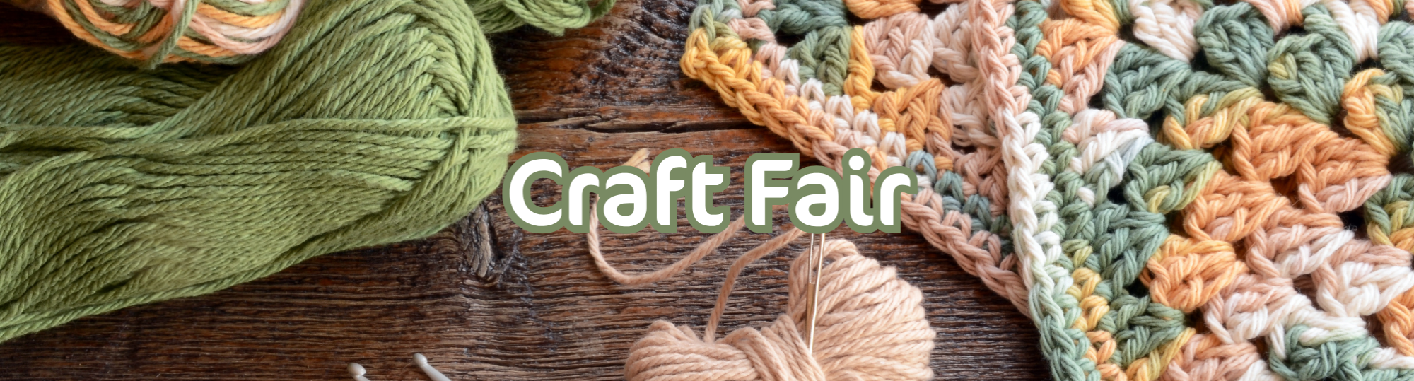 Yarn and a knitted blanket with the words 'Craft Fair' over it