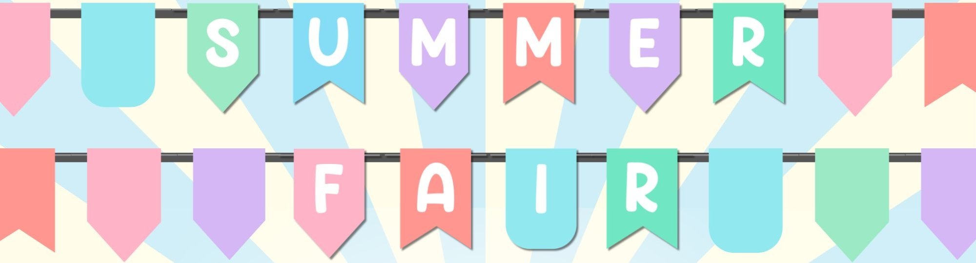 pastel bunting in blue, green, purple and red spells 'summer fair' against a blue and cream sunburst design.