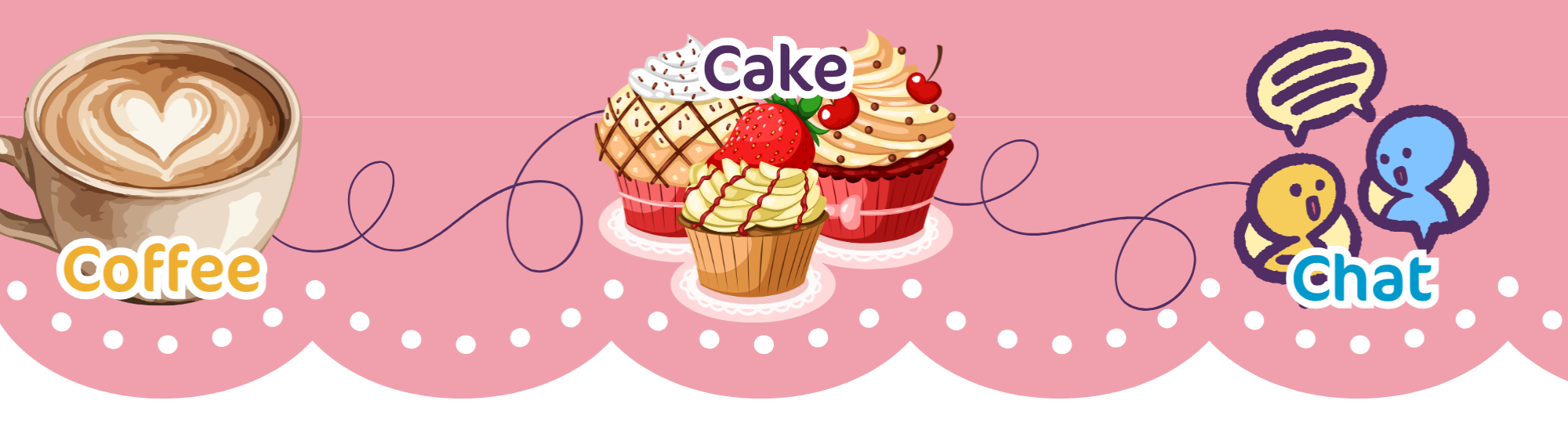 Coffee cup graphic with 'Coffee' over it, cupcake graphic with 'Cake' over it, two people talking graphic with 'Chat' over it