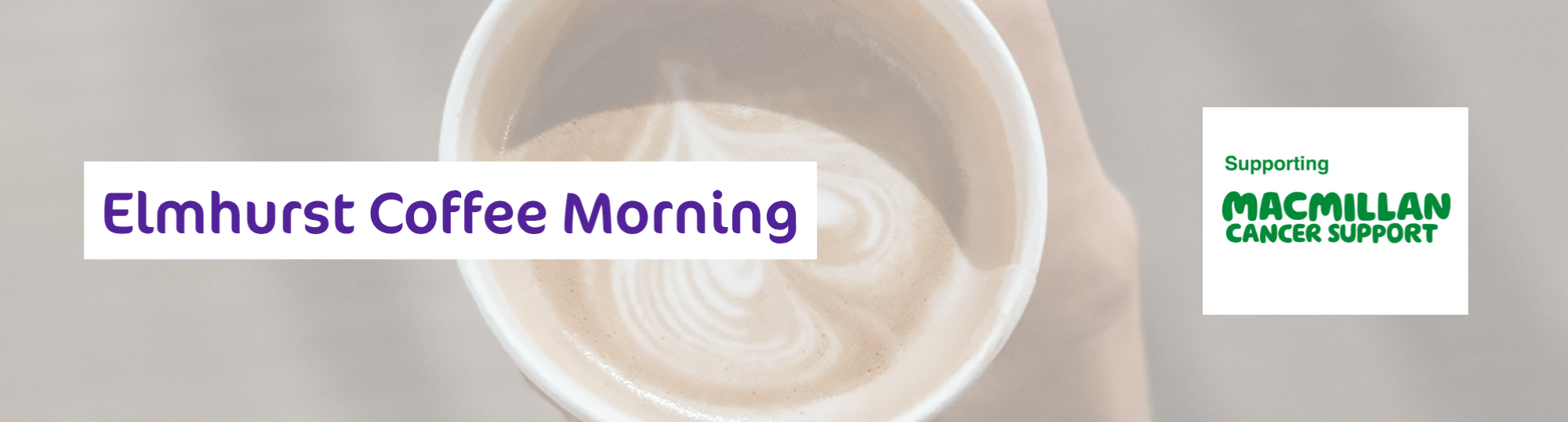 A coffee mug with the text 'Elmhurst Coffee Morning' and the Macmillan Cancer Support logo