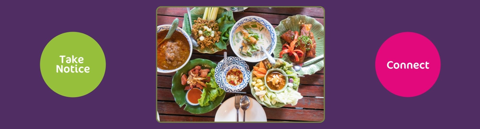 A picture of different foods on a table, with the Take Notice and Connect badges either side