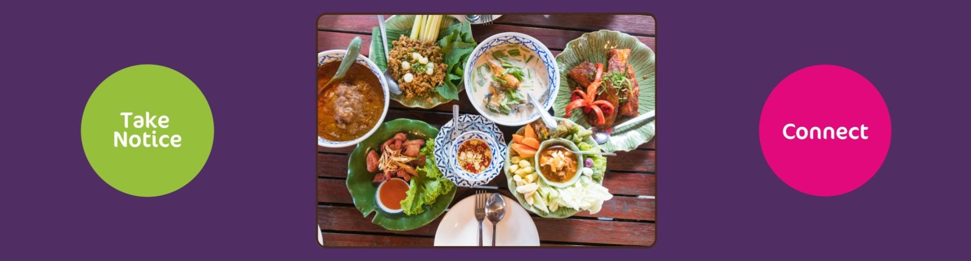A picture of different foods on a table, with the Take Notice and Connect badges either side
