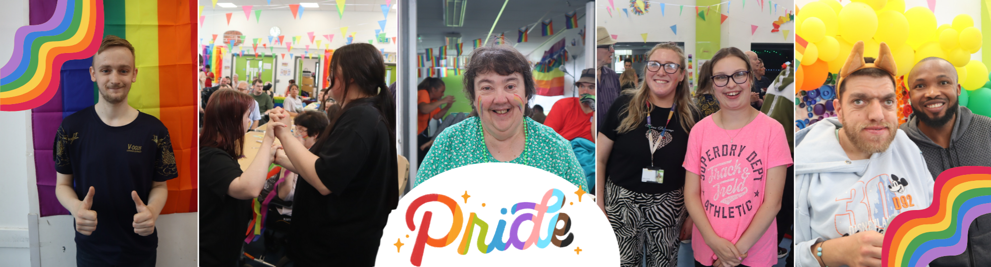 5 pictures all of people smiling in colourful outfits & a white semi-circle with 'Pride' in the bottom centre & two rainbows