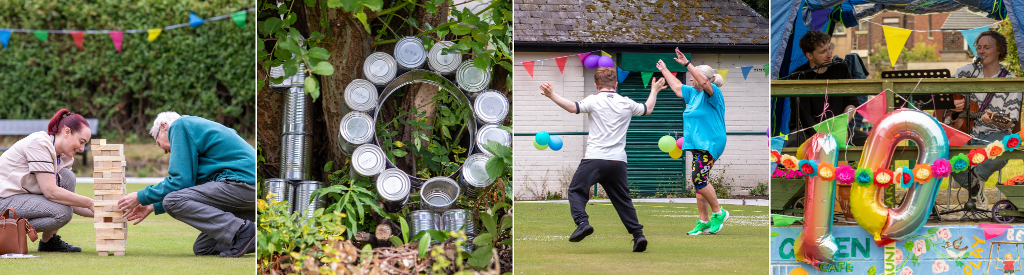 Four pictures from our party in the park of people playing games, dancing, singing and a number 10 made from tins 