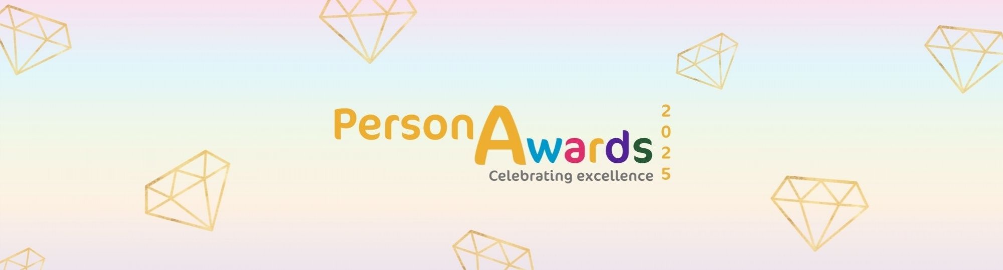 Multicoloured background with gold diamonds and our PersonAwards 2025 logo