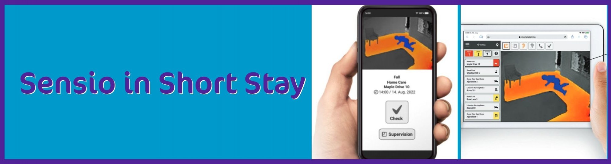 photo of a hand held digital device and screenshot with heatmap of a person on the floor. Text: sensio in short stay