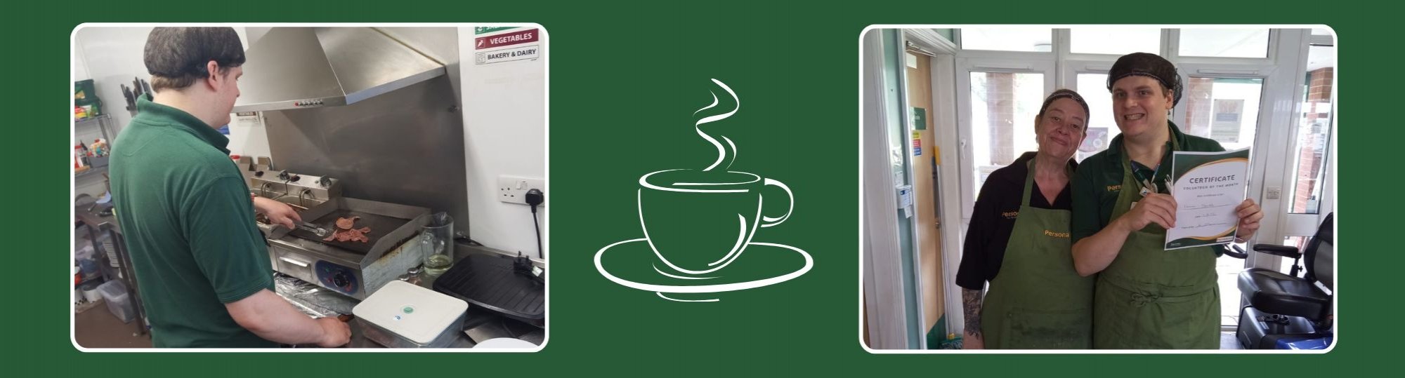 Two images: Isaac cooking bacon and Isaac receiving an award, with a coffee cup graphic in the middle