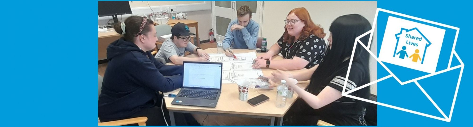Photo of 2 men and 3 women around a table working on newsletter. Newsletter graphic in right corner with Shared Lives logo.