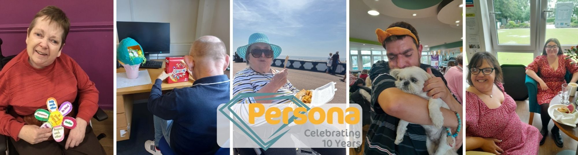 collage of five older people doing different activities and smiling to camera. Persona 10 year diamond logo is in the centre