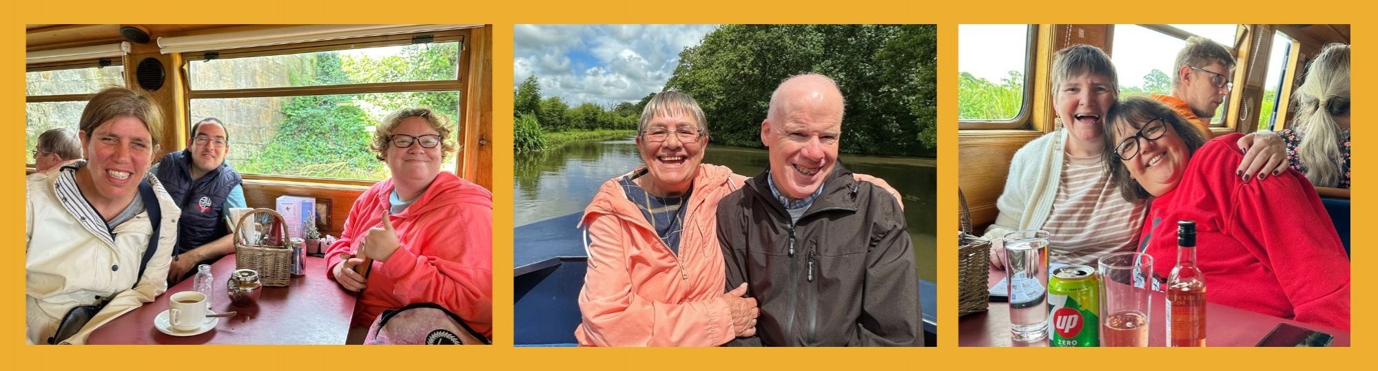 3 pictures - all of people smiling on a canal boat