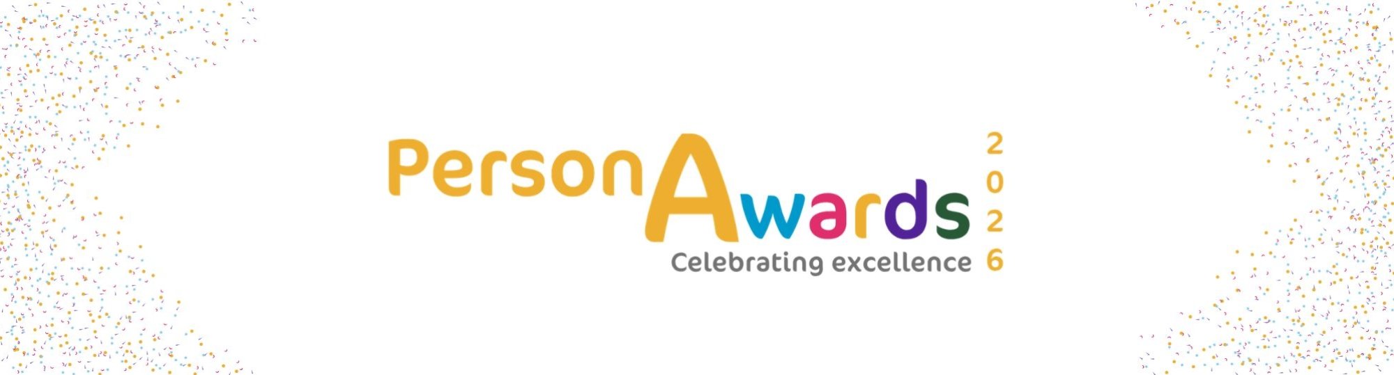 white background with multicoloured confetti at each end. PersonAwards 2026 logo is in the middle.