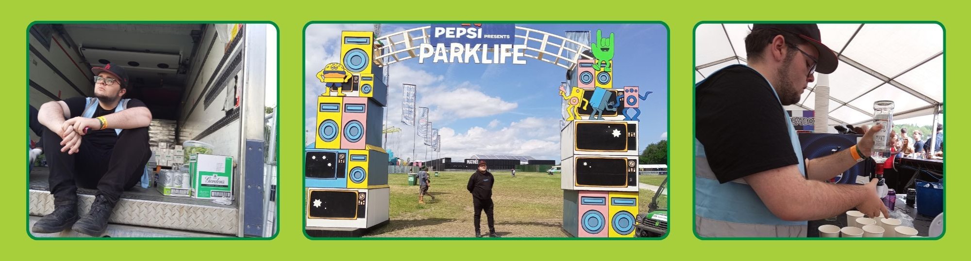 Three pictures - Cameron sitting on a lorry, Cameron at the Parklife entrance and Cameron pouring a drink