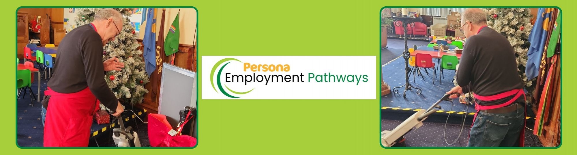 Two pictures of Martin hoovering in the church with the Persona Employment Pathways logo in the middle