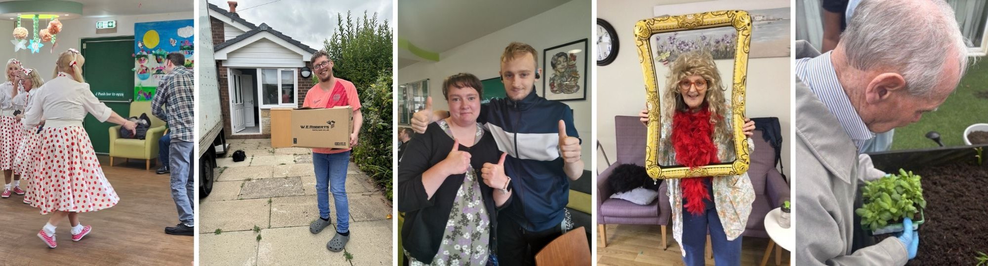five photos of adults of different ages dancing, moving house, smiling to camera, using a blow up selfie frame and gardening