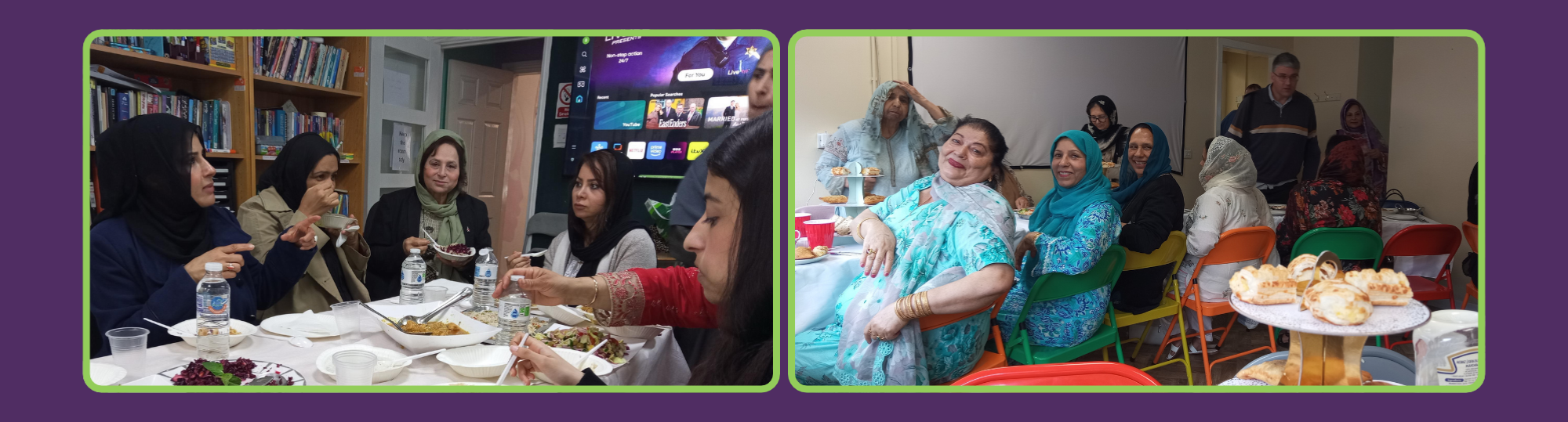 Two pictures of the lunch club, one at Bury Active Women's Centre and the other at Topping Fold Community Centre