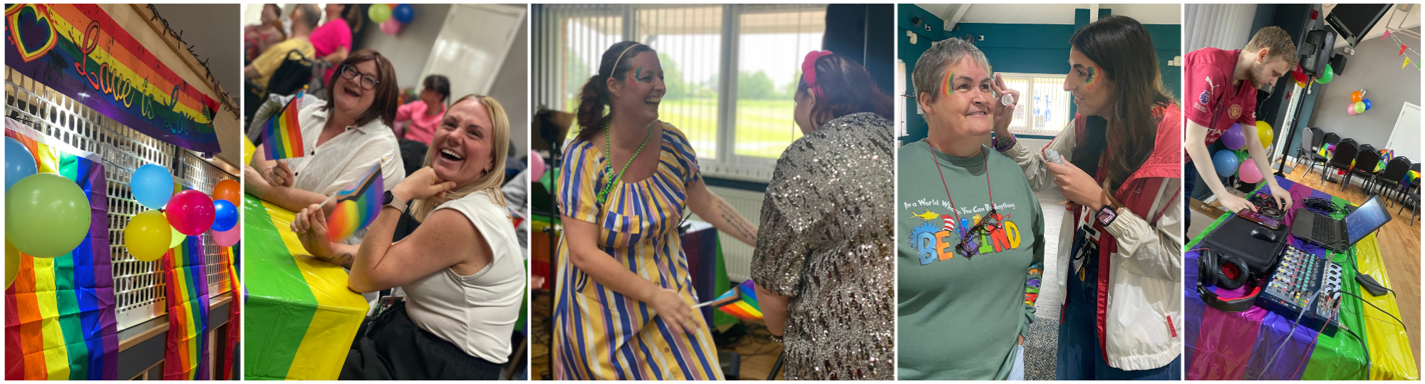 5 pictures - balloon decorations, two ladies smiling, two ladies dancing, a lady having her face painted and the dj