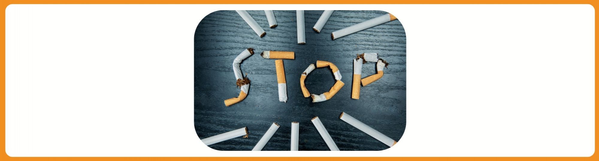 orange background with white foreground and photo of cigarette stubs spelling 'stop'