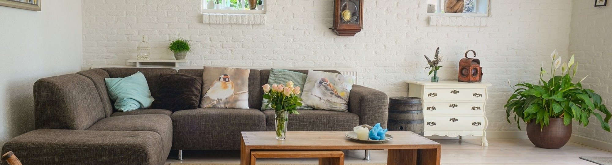 Photo: brown L shaped sofa with multi coloured throw cushions in calm, neutral tones, houseplants and flowers nearby